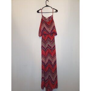 Umgee USA Womens M Red Maxi Dress Sleeveless Back Cutout Boho Pom-poms NWOT